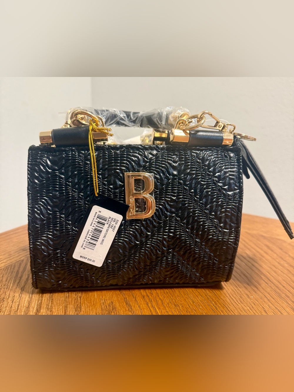 bebe Black Textured Crossbody Bag Gold B Logo Chain Strap NWT